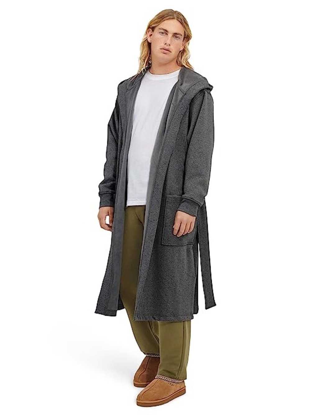 UGG Mens Leeland Hooded Robe Charcoal Heather Gray Self Belt Size M/L